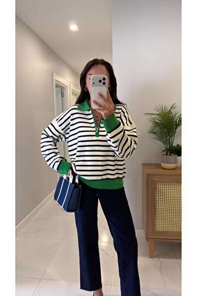BİRCANÇİL Midra Green Striped Zipper Detailed Polo Collar Knitwear