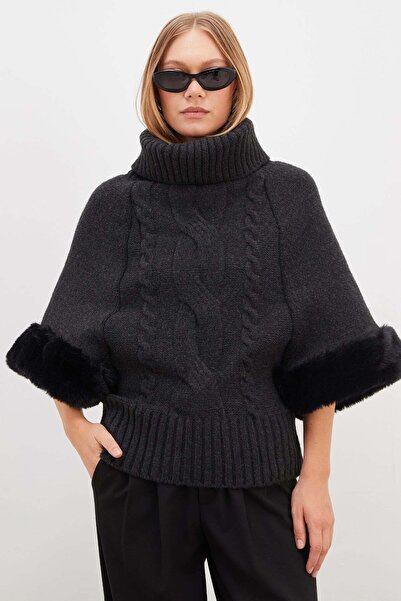Fulla Moda Plush Cuffed Turtleneck Knitwear Poncho