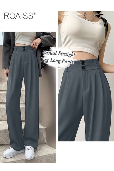 ROAISS Women’s Wide Leg Trousers Pants High Waisted Two Button Design Business Work Office Casual Straight