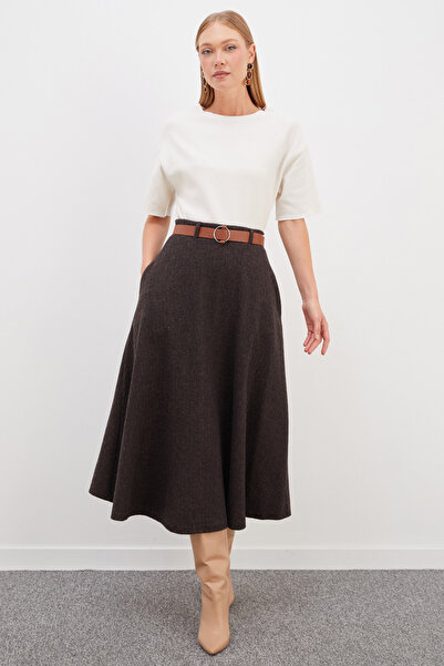 Fulla Moda Herringbone Patterned Belted Maxi Skirt