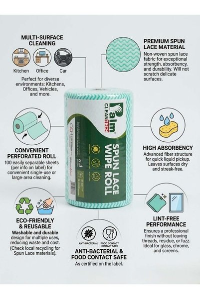 CLEAN-TECH Palm Clean Tech Spunlace Wipe Roll (Green) – Antibacterial, Food-Safe, Reusable Cleaning Cloth Roll (100 PULLS)