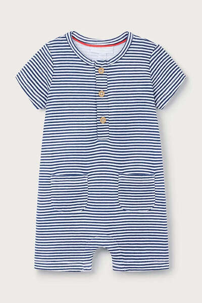 THE WHITE COMPANY Organic Cotton Striped Short Sleeve Baby Romper - Navy Blue...
