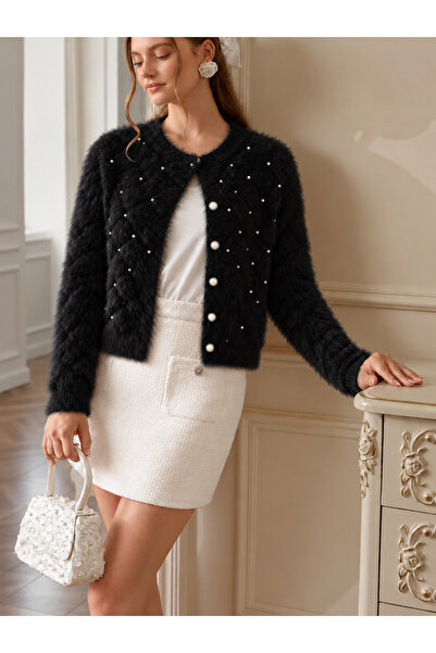 Nimas Women's Soft Feather Textured Pearl Detailed Diamond Patterned Knitwear...