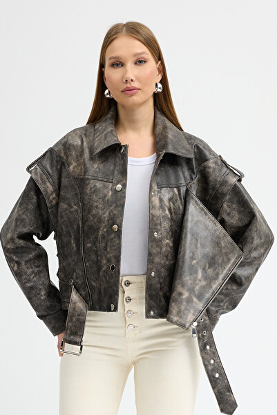 The Leather Craft Kadın Hakiki Deri Ceket - Sırtı Ve Yanları Bağcık Detaylı K...
