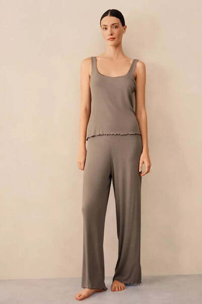 THE WHITE COMPANY Jersey Ribbed Satin Trim Tank Top Women's Pajama Set - Brow...