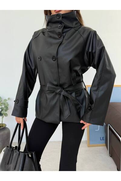 Miss Premium Women's Black Faux Leather Short Trench Coat with Belt and Buttons
