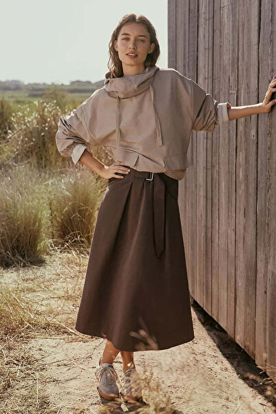 THE WHITE COMPANY Lyocell Cotton Blend Belted Midi Skirt - Brown, 42