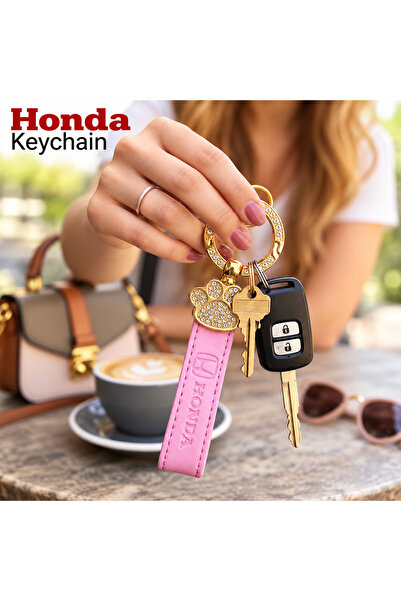 Honda Pink Leather Keychain for Women, Rhinestone Paw Charm, Gold Key Ring fo...
