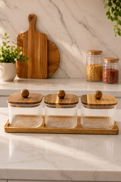 Evsun Home Collection Ahşap Standlı Vakumlu Kapaklı Cam Kahvaltılık Baharatlık