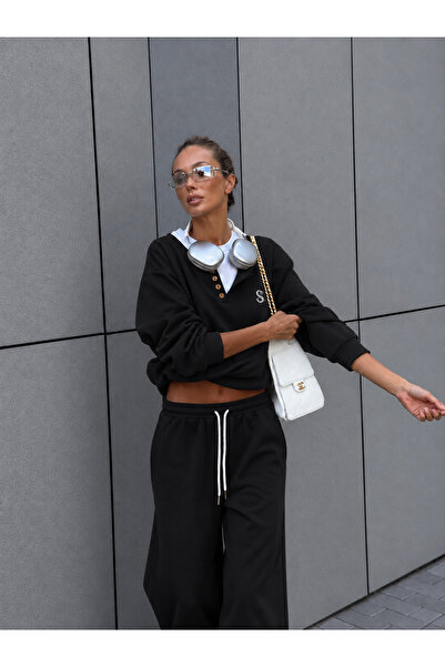 moda paketi Women's Oversize Polo Collar Buttoned Sweatshirt and Wide-Leg Bot...