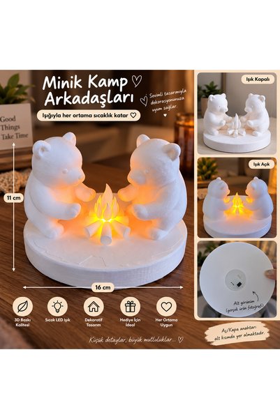 Genel Markalar Kamp Ateşi Başında Sevimli Ayılar 3D LED Dekoratif Gece Lambası
