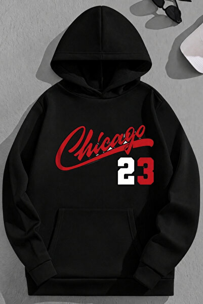 K KOZZ STYLE Unisex 3 Thread Cotton Black Chicago23 Φούτερ με στάμπα με κουκούλα