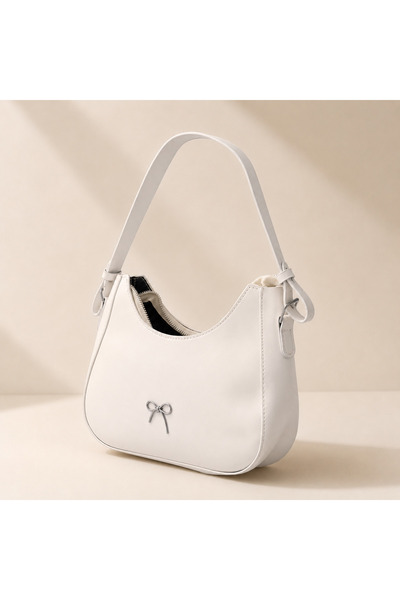 Generic Brand Women's White PU Leather Shoulder Bag with Silver Bow Detail