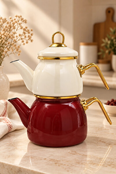 PR HOME Bordo-Krem Mini Model Emaye Çaydanlık