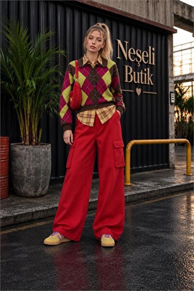 Neşeli Butik Women's Red College Style Argyle Buttoned Knitwear Cardigan Nbht06