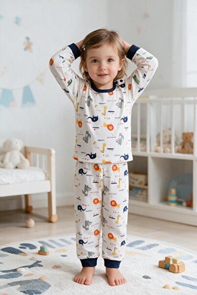 OEM Pijama copii din bumbac cu bluza maneca lunga si imprimeu animale safari,...