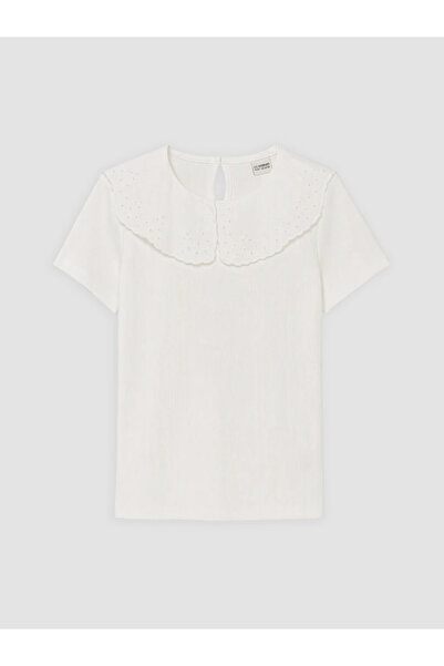 LC Waikiki White Baby Collar Embroidered Girls' T-Shirt