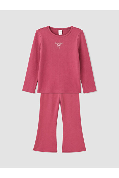 LC Waikiki Pink Embroidered Ribbed Girls' Tracksuit Set