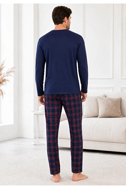 Serena Men's navy blue long sleeve pajamas with long pants with small checks