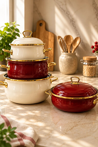 PR HOME Bordo-Krem Derin Bombeli Emaye Tencere Seti 16 - 20 - 24 - 26 cm