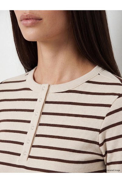 LC Waikiki Brown Crew Neck Striped Women's Bodysuit