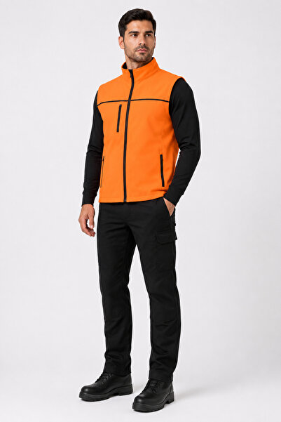ORANGECAT Unisex Turuncu Softshell İş Yeleği – 3 Cepli Fermuarlı Dik Yaka Per...