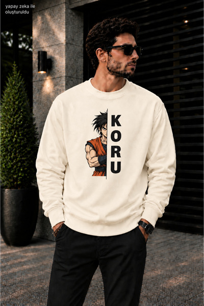 caddekombin Men's Anime Warrior and Koru Typography Printed Crew Neck Casual ...