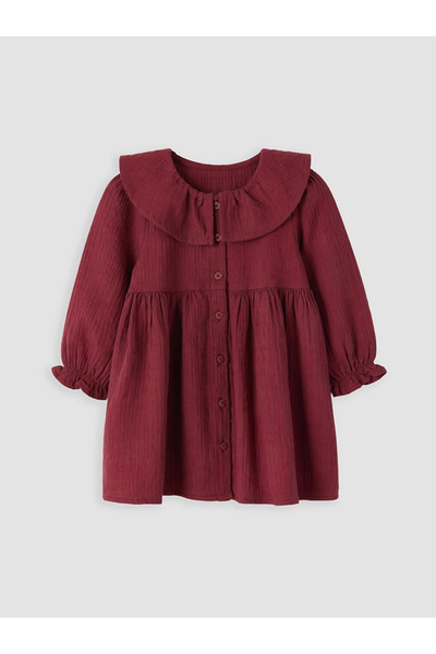 LC Waikiki Bordo Bebe Yaka Kız Çocuk Pileli Elbise