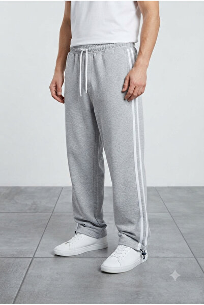 lumt Unisex Mevsimlik Gri Beyaz Çizgili Bol Baggy Eşofman Altı / Ayarlanabili...