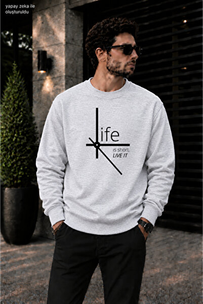 caddekombin سويت شيرت رجالي من Life Is Short بطباعة رسومية وياقة دائرية وقصة ...