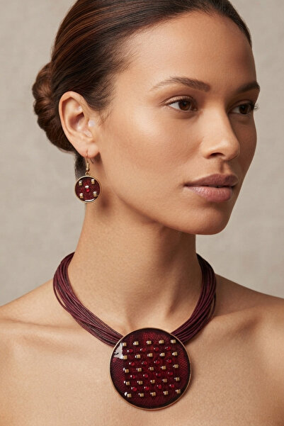 PETEK AKSESUAR Multiple Leather Cord Stone Necklace and Earrings Set
