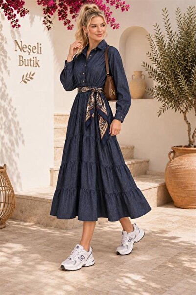 Neşeli Butik Women's Denim Look Shirt Collar Elastic Waist Layered Women's Dr...
