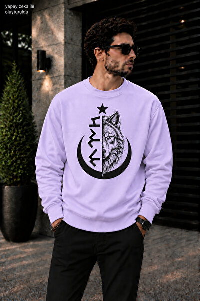 caddekombin Men's Göktürkçe Turkish Written and Wolf Printed Crew Neck Casual...