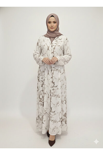 RIZQE White & Coffee Marble Print Abaya | Rizqé Luxury Chiffon-Finish Wrap wi...