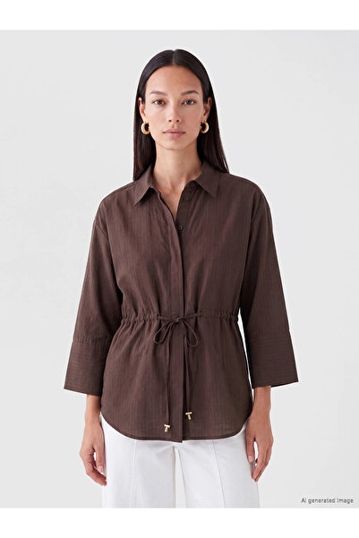 LC Waikiki Brown Striped Women's Shirt with Tie Waist
