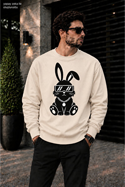 caddekombin Men's Cool Bunny Rabbit Printed Crew Neck Casual Regular Fit Swea...