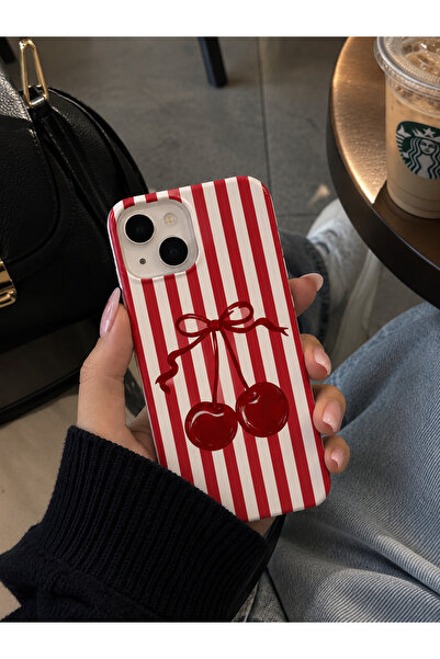 CaseKİdükkan iPhone 13/14 uyumlu Kiraz Kurdele Desenli Çizgili Kadife İç Yüze...