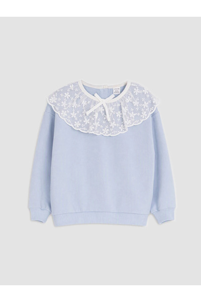 LC Waikiki Gray Crew Neck Lace Detailed Girls' Sweatshirt