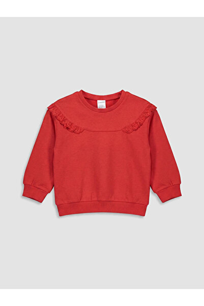 LC Waikiki Kırmızı Bebe Yaka Kız Çocuk Nakışlı Sweatshirt