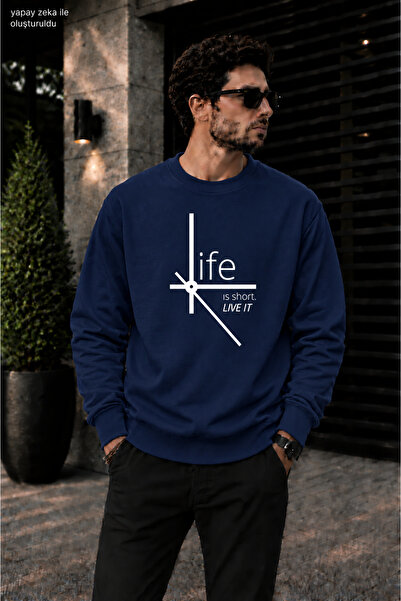 caddekombin Men's Life Is Short Saat Mimarisi Graphic Printed Crew Neck Casua...