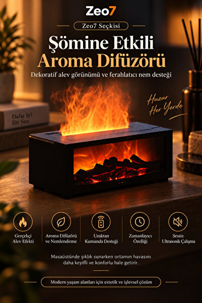 Zeo7 3D Şömine Alev Efektli 500 ML Aroma Difüzörü ve Hava Nemlendirici | 40 C...