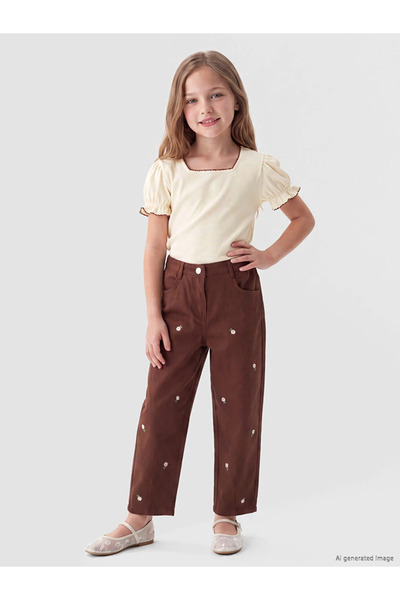 LC Waikiki Kahverengi Kız Çocuk Gabardin Pantolon