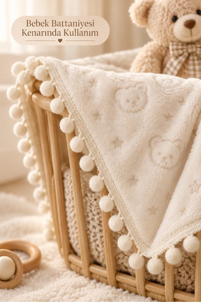 kubbe tekstil aksesuar 20 Meters of Cream Pom-Pom Ribbon – 1.1 cm Pom-Pom Ribbon – Towel Edge, Baby Blanket, Pillow, Curtain, and Decorative Textile Trim.