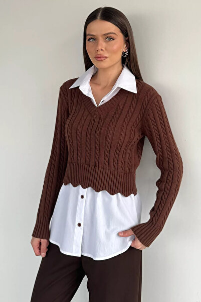 TOZLU Brown Women's Shirt with Garnished Knit Detail and Knitwear Blouse (Sui...