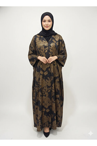 RIZQE Black & Bronze Abstract Print Abaya | Rizqé Luxury Metallic-Finish Wrap...