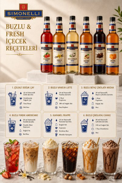 Simonelli 6'lı Kahve ve Kokteyl Şurubu Seti 700 ml (6x700 ml) - Vanilya, Karamel, Fındık, Çikolata, Beyaz Çikolata ve Çilek Aromalı İçecek Şurubu (70 cl)