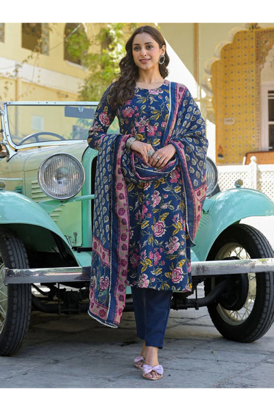 MYSMAR Blue Floral Printed Viscose A-Line Kurta Set - ALV2267 | Blue-Size:XL-...