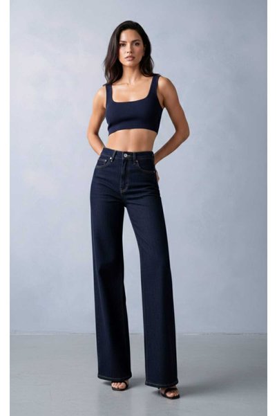 TRN Greyy Lycra Women's Navy Blue Super High Waist Loose Leg Denim Loose Palazzo Trousers