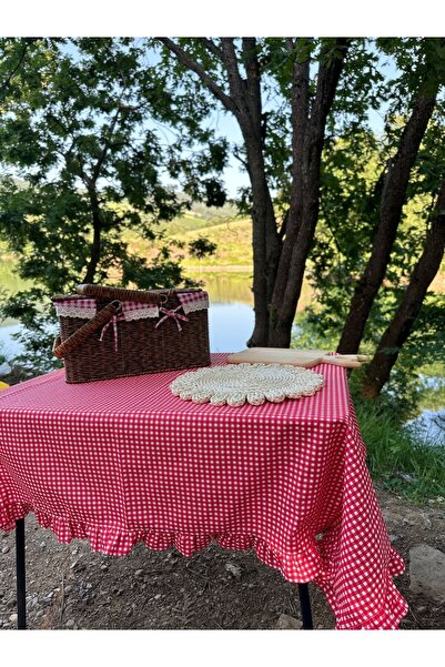 Decamor home Roza Gingham Ruffled Tablecloth Red