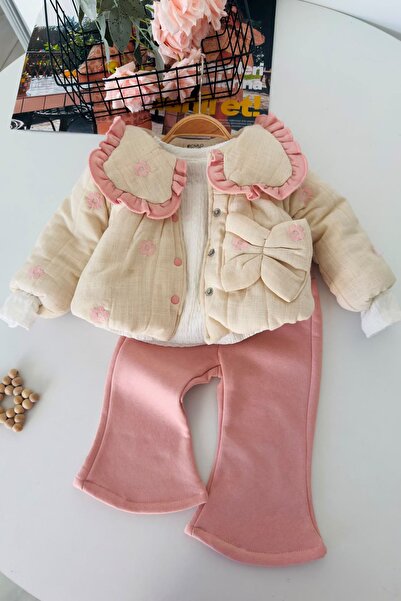 Minigimin Cicileri Floral Embroidered Ruffle Collar Winter Coat Baby Girl 3-P...